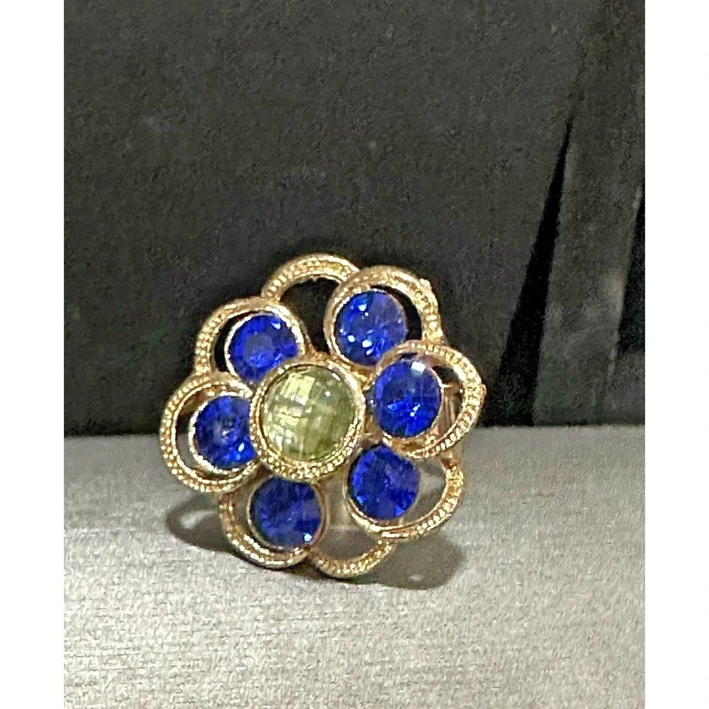 Vintage Blue Green Glass Flower Floral ‎ Adjustable Statement Ring